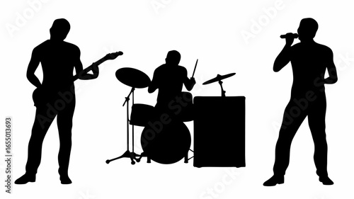 Silhouette of a band performing with a guitarist drummer and singer on a white background stage setting |  editable eps vectors