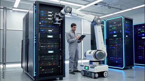 A maintenance robot working on a massive server, with a human technician standing by and observing on a tablet.
