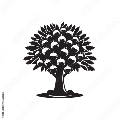 Black Color Chestnut Tree Silhouette Vector Illustration, Solid White Background.
