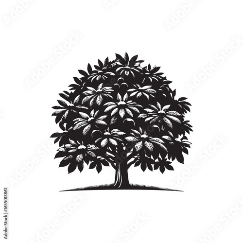 Black Color Chestnut Tree Silhouette Vector Illustration, Solid White Background.