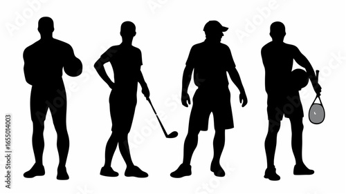 Silhouettes of four athletes holding sports equipment against a white background in a studio setting |  editable eps vectors