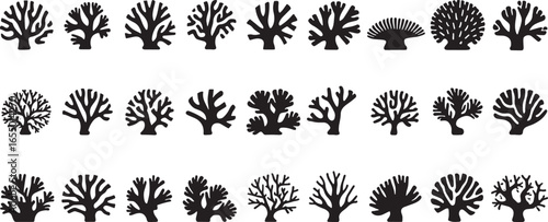 Black coral reef silhouettes set on white background various shapes and sizes marine life illustration
