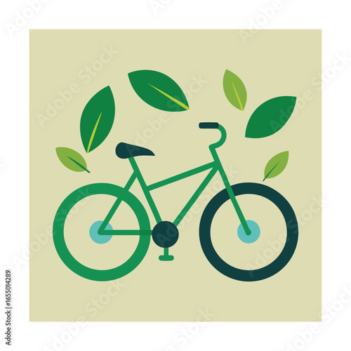 Green Bicycle With Leaves On Light Yellow Background Keywords: bicycle, bike, green, eco