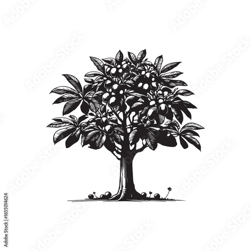 Black Color Chestnut Tree Silhouette Vector Illustration, Solid White Background.