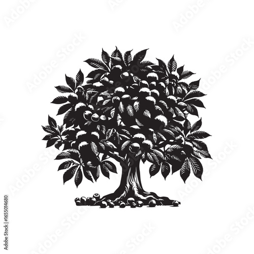 Black Color Chestnut Tree Silhouette Vector Illustration, Solid White Background.
