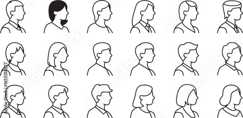 Outlined Profiles of Eighteen People Including Men and Women in Various Hairstyles and Attire