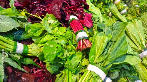 Fresh green vegetables on display at grocery store under cooling water steam and sprayed with mist water from nozzles. Vegetables of cassava, mustard greens, cucumber, spinach and natural  harvest.