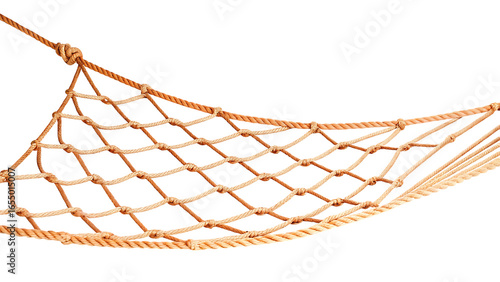 Thick woven rope net hanging isolated on a transparent background knot