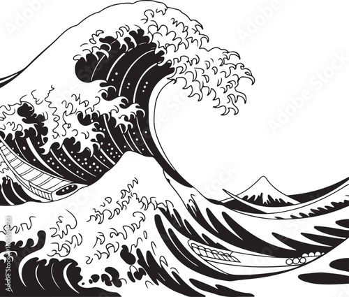 Iconic Great Wave Off Kanagawa Style Illustration with Boats and Mountain ocean water