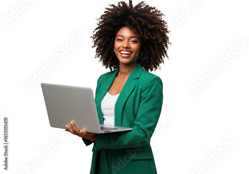 Confident black woman with afro hair works on laptop wearing a green blazer transparent background
