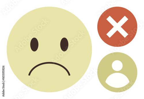 Large sad face, red rejection cross, and user profile icon convey rejection, disapproval, or failure. Ideal for emotional response, feedback, denial, dissatisfaction negativity decision-making