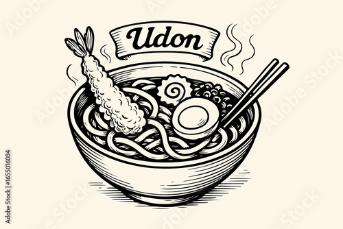Illustration of a bowl of steaming Udon noodles with tempura, egg, and other toppings, with "Udon" written on a banner above.