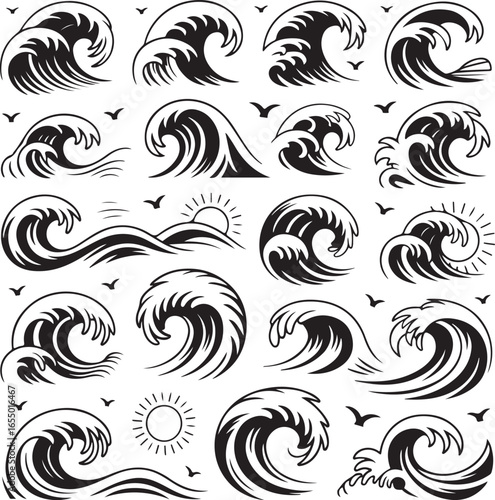 Collection of Black and White Stylized Waves Sun and Birds ocean water