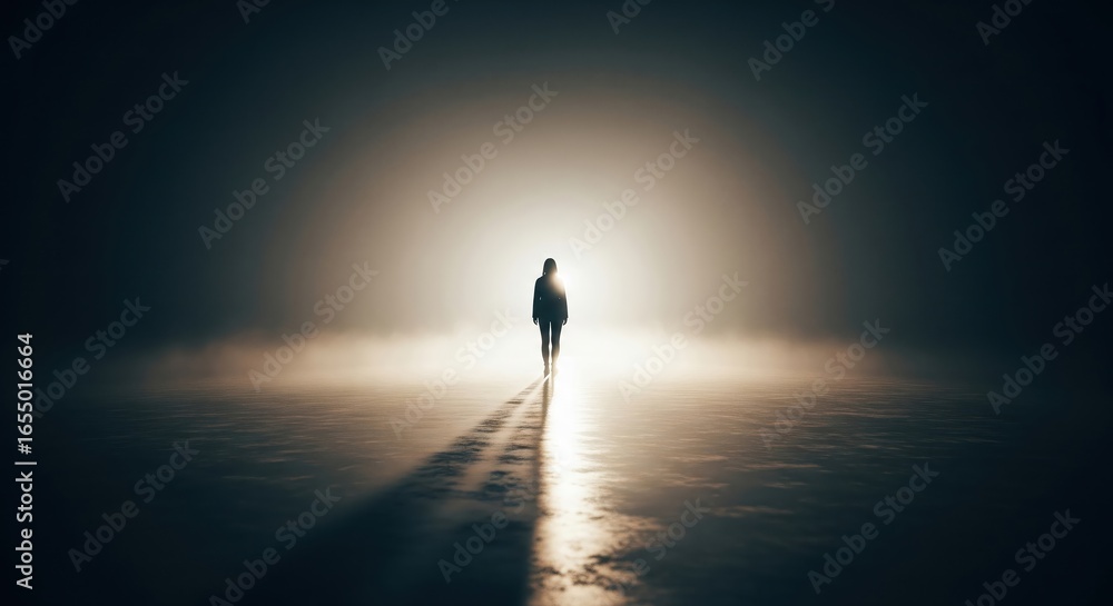 Mysterious silhouette of a person walking towards a bright, ethereal light Mysterious silhouette of a person walking towards a bright, ethereal light