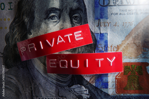 Private Equity labels on a US hundred dollar bill