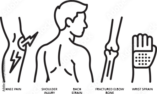 Vector outline icons of injury areas knee pain with lightning bolt, shoulder injury highlight, back strain symbol, fractured elbow bone, wrist sprain bandage, ankle twist. Minimal smooth black stroke.