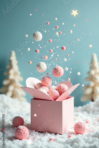 Pink and White Festive Balls Exploding from a Gift Box in a Winter Wonderland Scene
