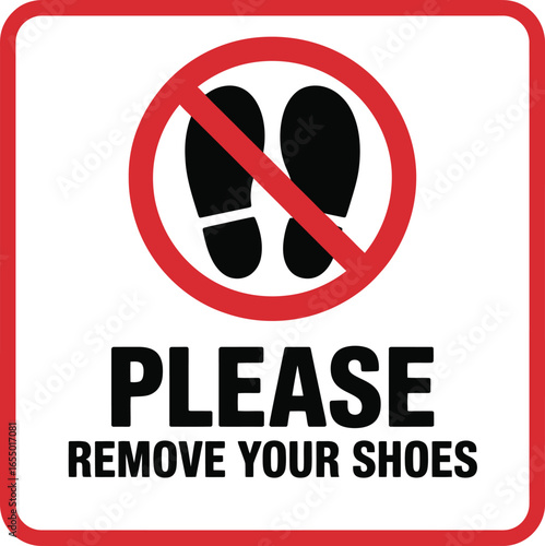 Vector Sign: Please Remove Your Shoes with Red Circle and Black Footprints Emphasizing Hygiene and Indoor Etiquette.