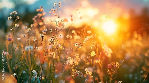 Beautiful natural panoramic countryside landscape. Blooming wild high grass in nature at sunset warm summer. Pastoral scenery. Selective focusing on foreground.