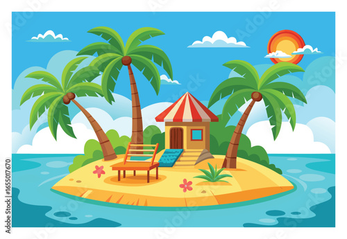 Tropical Island Getaway with Palm Trees and Bungalow for Summer Vacation Fun