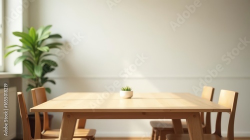Simple Wooden Table with Chairs and Plants in a Bright Room