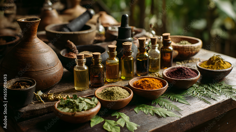 Fototapeta premium ayurvedic wellness display, amber glass bottles of ayurvedic oils on table, with fresh leaves clay bowls of powdered herbs