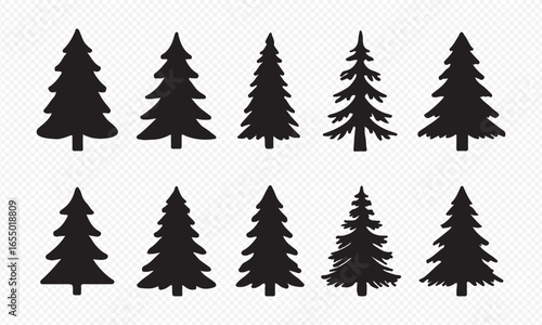 Pine tree silhouette and outline vector set. Christmas tree icon collection. Evergreen, fir, spruce forest graphic elements. Winter holiday design asset for decoration.