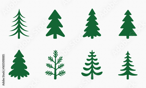 Pine tree silhouette and outline vector set. Christmas tree icon collection. Evergreen, fir, spruce forest graphic elements. Winter holiday design asset for decoration.