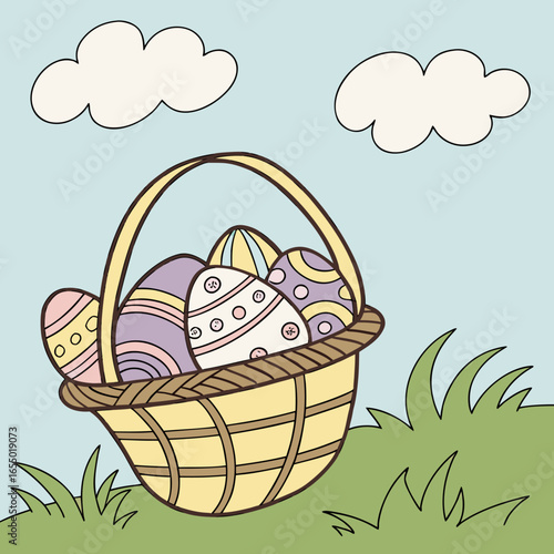 Easter basket with decorated eggs illustration