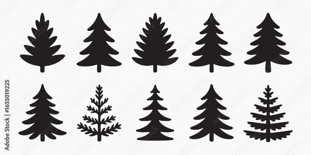 Obraz premium Christmas tree silhouette clipart set. Black Christmas tree drawing clip art collection in white background for xmas season pine tree flat icon decoration vector illustration.
