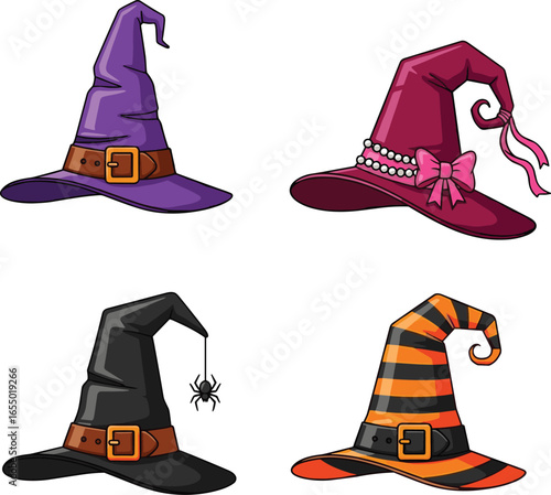 Set of cartoon witch hats with unique designs, colorful Halloween accessory illustrations for spooky party themes, costumes, decorations, and graphics
