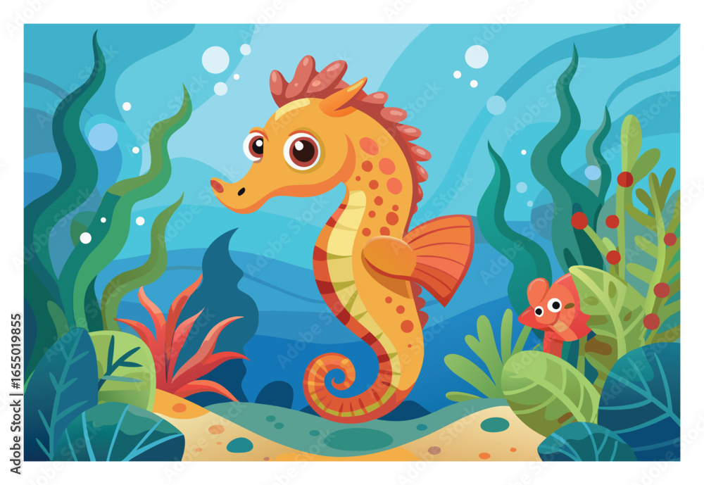 Fototapeta premium Adorable Seahorse and Fish in a Vibrant Underwater World Cartoon Illustration