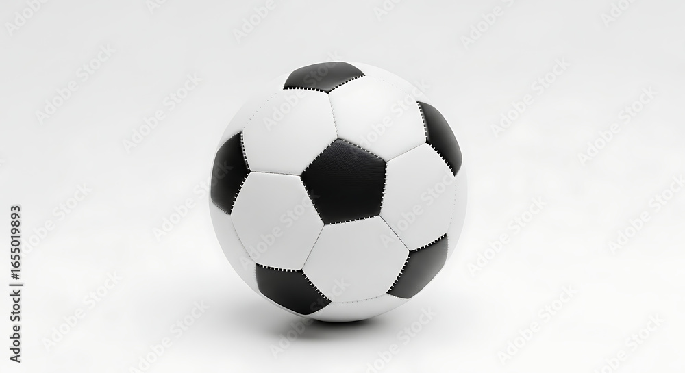 Naklejka premium A classic black and white soccer ball isolated on a clean white background, representing sports, games, and competition.