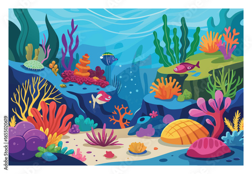 Cartoon underwater world with coral reefs and colorful fishes creating a vibrant aquatic ecosystem illustration