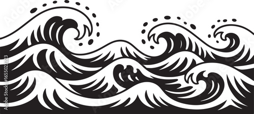 Seamless Pattern of Stylized Japanese Ocean Waves Black and White Graphic water nature