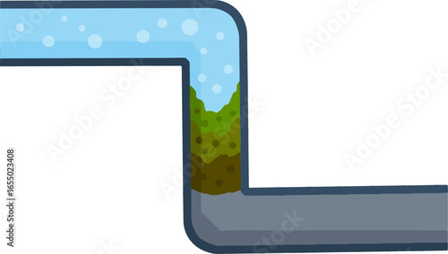 Clogged pipe with water and dirt. Colorful illustration for plumbing issues.