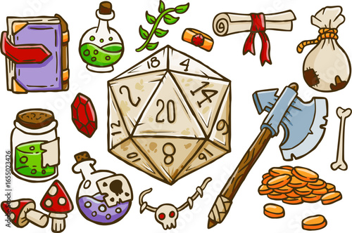 DND equipment pack with axe, bottle, scroll. Vibrant fantasy tools for gaming quest. D20 magic adventure set.