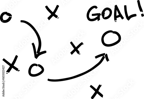 Sport tactic diagram with player positions and dynamic movement paths. Strategic arrows illustrate gameplay flow and team coordination.