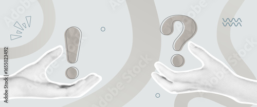 Halftone collage vector illustration with two hands holding exclamation mark and question mark, abstract concept of business idea, startup creativity and brainstorming design