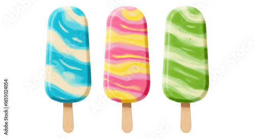 Three colorful swirled popsicles on wooden sticks isolated on transparent background