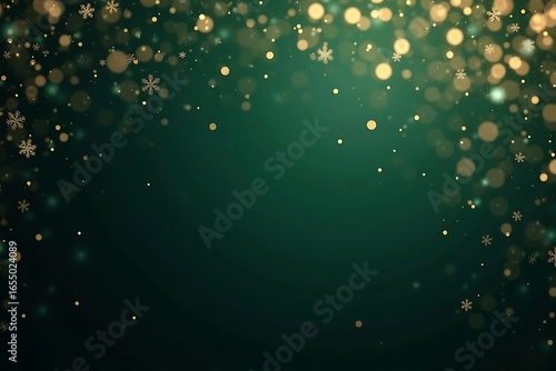 Sparkling golden bokeh lights on deep emerald green background
