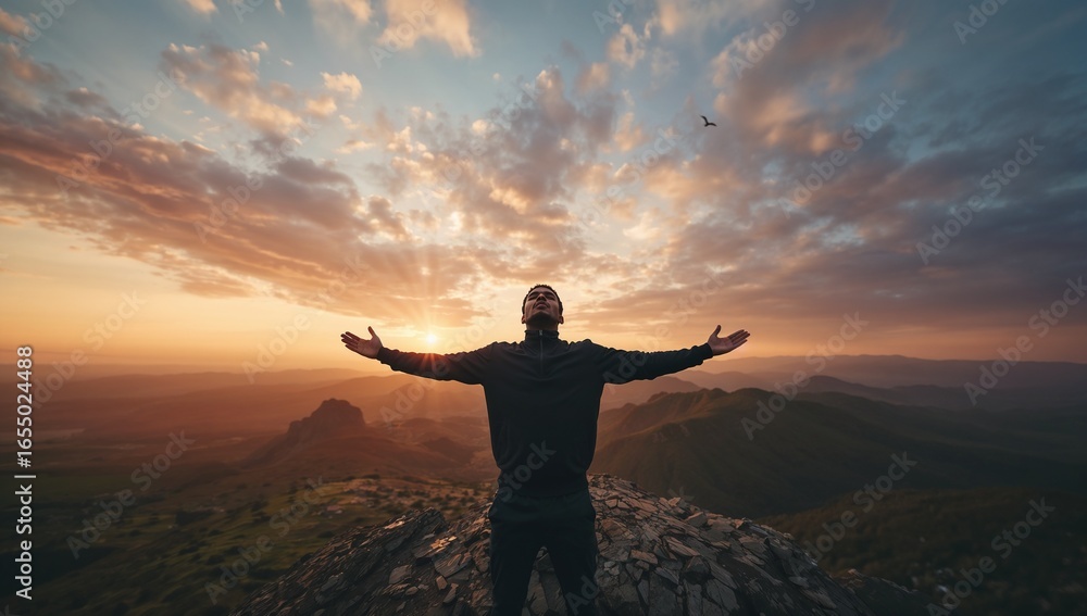 Fototapeta premium Courageous Man on a Cliff at Dawn
