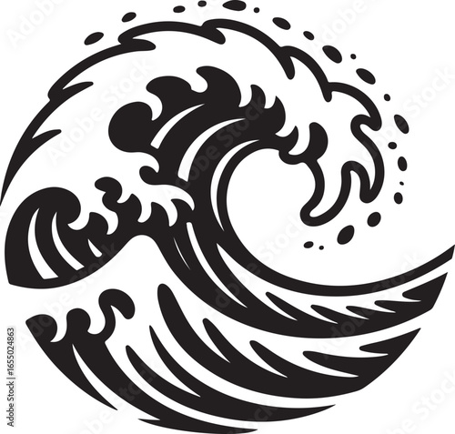 Black and white stylized Japanese wave cresting in a circular design water ocean