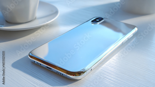 Silver smartphone on a white table with a cup of coffee in the background