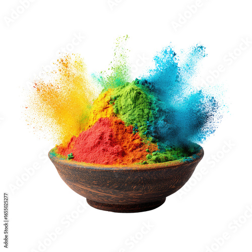 Colorful powder explosion bursting from a small bowl, vibrant hues