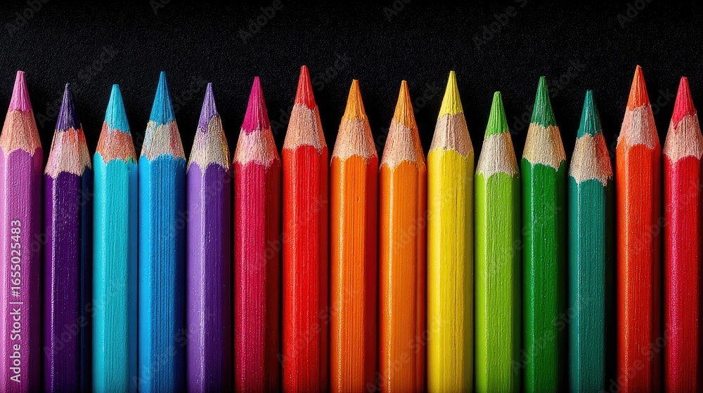 Fototapeta premium Colorful pencils arranged in a row against a black background.