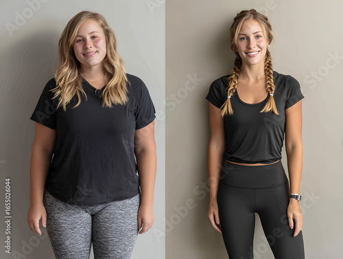 Before and after photo of woman weight loss transformation in black sportswear