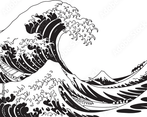 Black and White Illustration of a Giant Wave with Boats and Mount Fuji ocean water