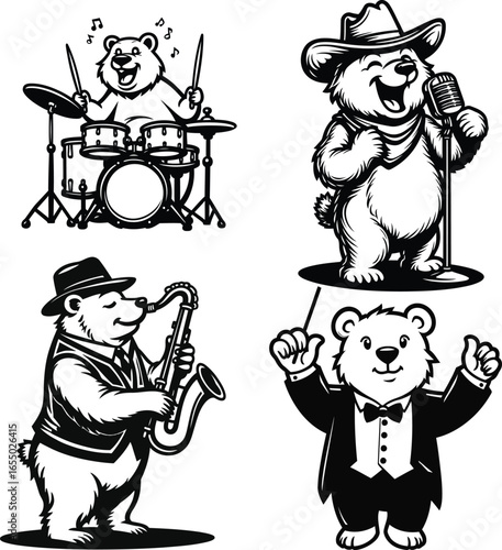 Bear jazz band set with drummer, singer, and saxophonist in hats, cute wildlife music mascot vector