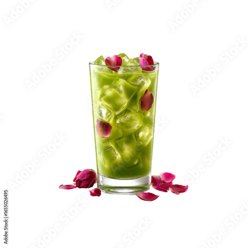 Refreshing Iced Matcha Latte with Rose Petals